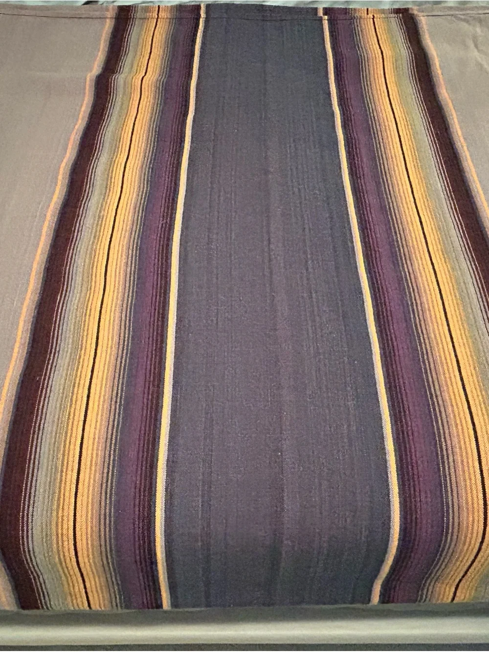 Striped Wool King Size Blanket in Blue, Purple, Yellow. Hand weaved in Mexico